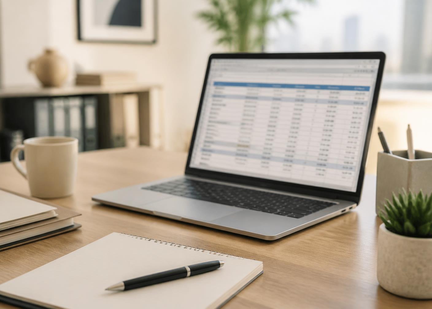 Desk with a laptop showing a list of target accounts, notebook and pen
