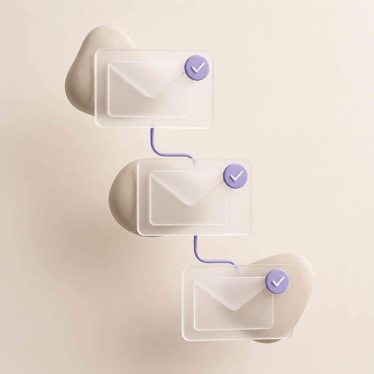 Three-step email sequence illustrated as connected envelope cards